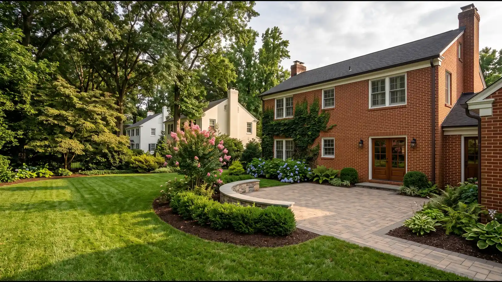 Red-brick Colonial home with a herringbone paver patio, curved stone seat wall, boxwoods, blue hydrangeas and a pink crape myrtle