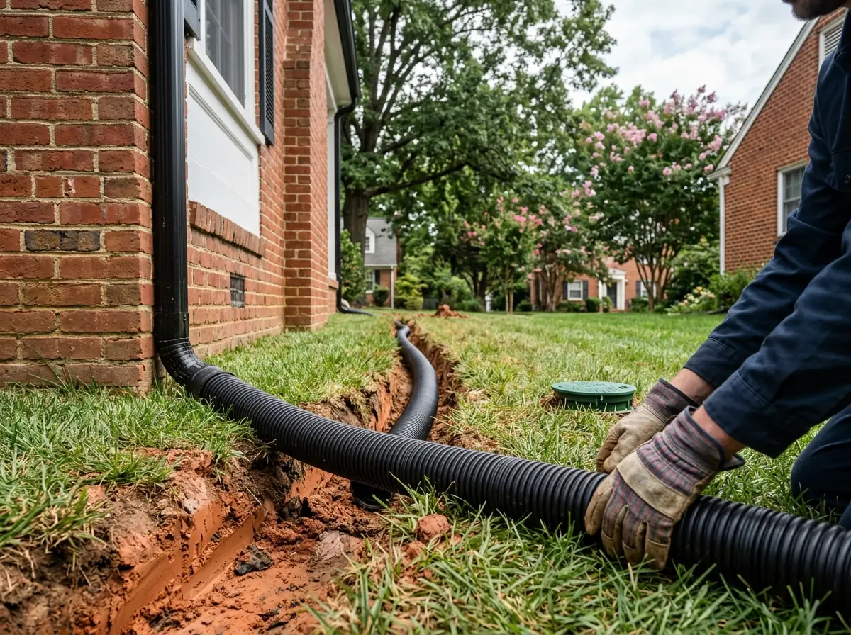 Black corrugated downspout extension pipe laid in a shallow trench across a lawn from the corner of a brick house to a round pop-up emitter