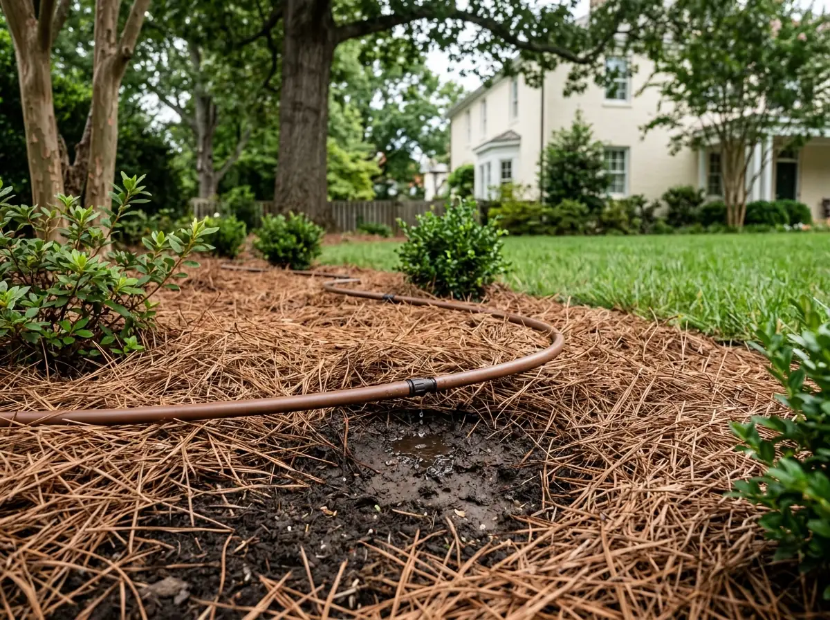 Brown drip irrigation line laid through pine straw mulch between newly planted shrubs in a garden bed