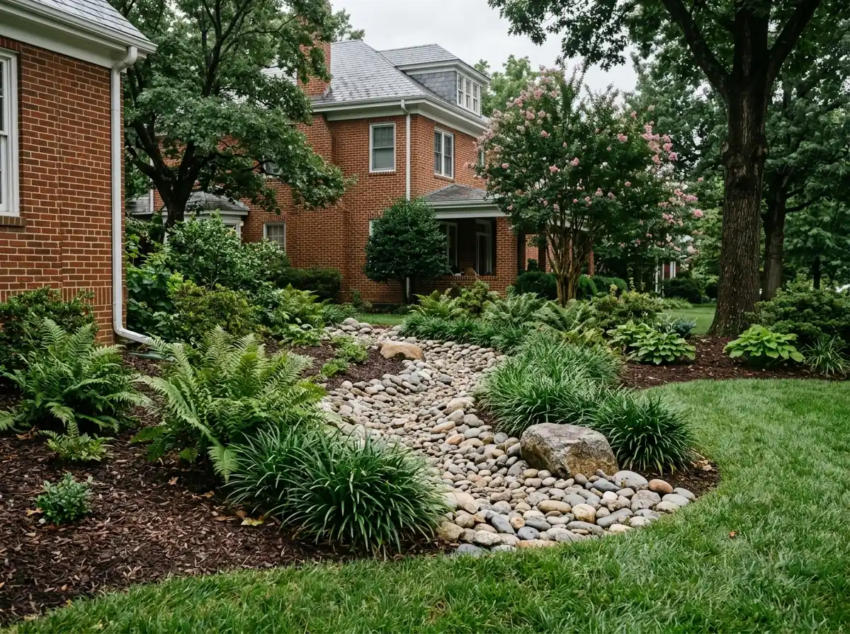 Dry creek bed of rounded river rock and larger boulders winding through a mulched bed toward a lawn, edged with ferns and liriope