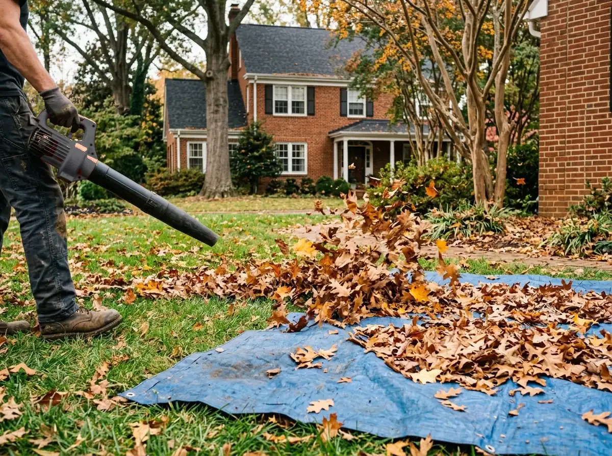 Leaf blower pushing a drift of brown oak and yellow maple leaves onto a tarp on a fescue lawn in front of a brick house in autumn
