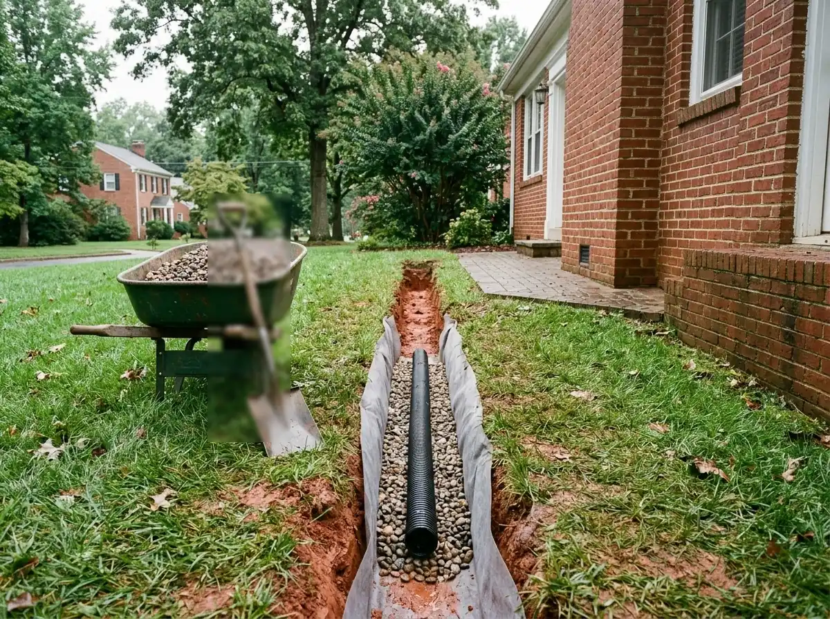 French drain trench cut through a lawn into red clay beside a brick house, lined with filter fabric around a drain pipe on gravel