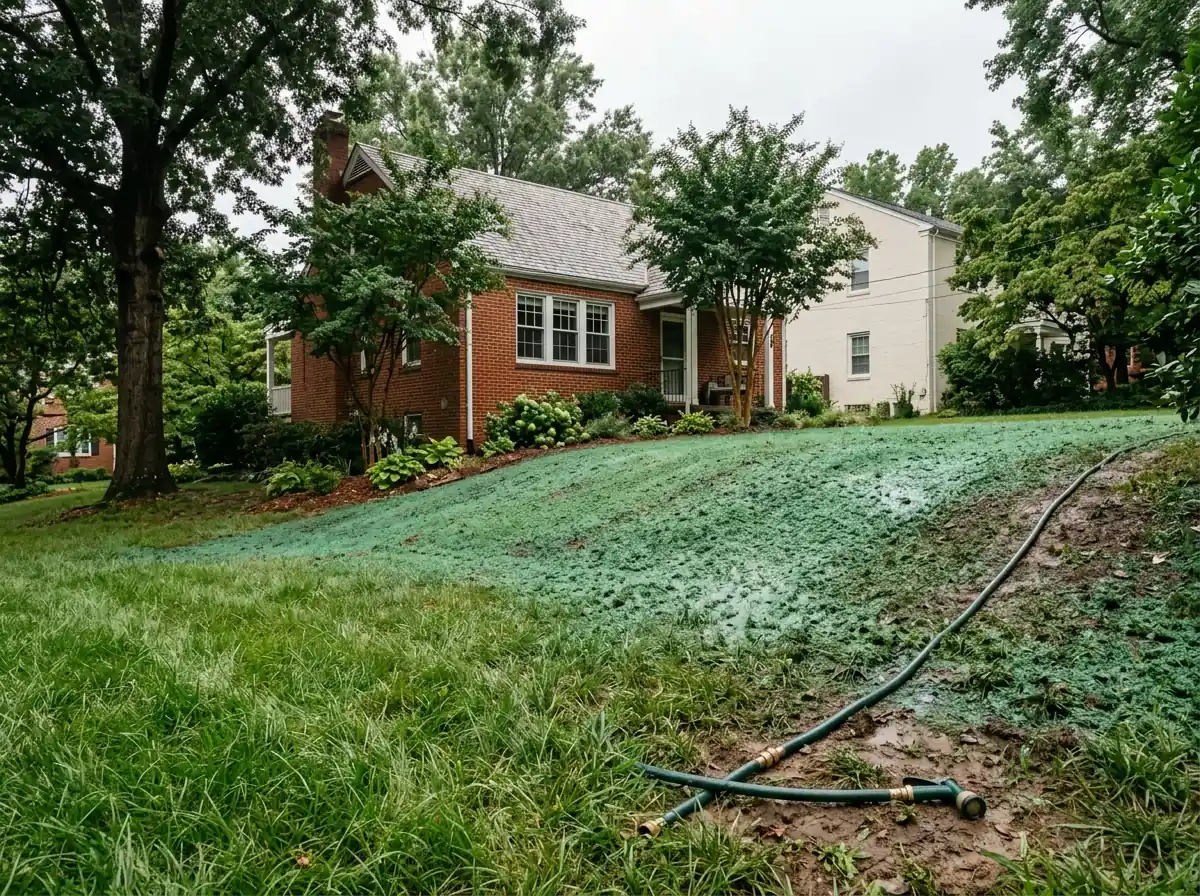 Green hydroseed slurry of seed and mulch freshly sprayed over a graded slope behind a house, with a hose line in the foreground