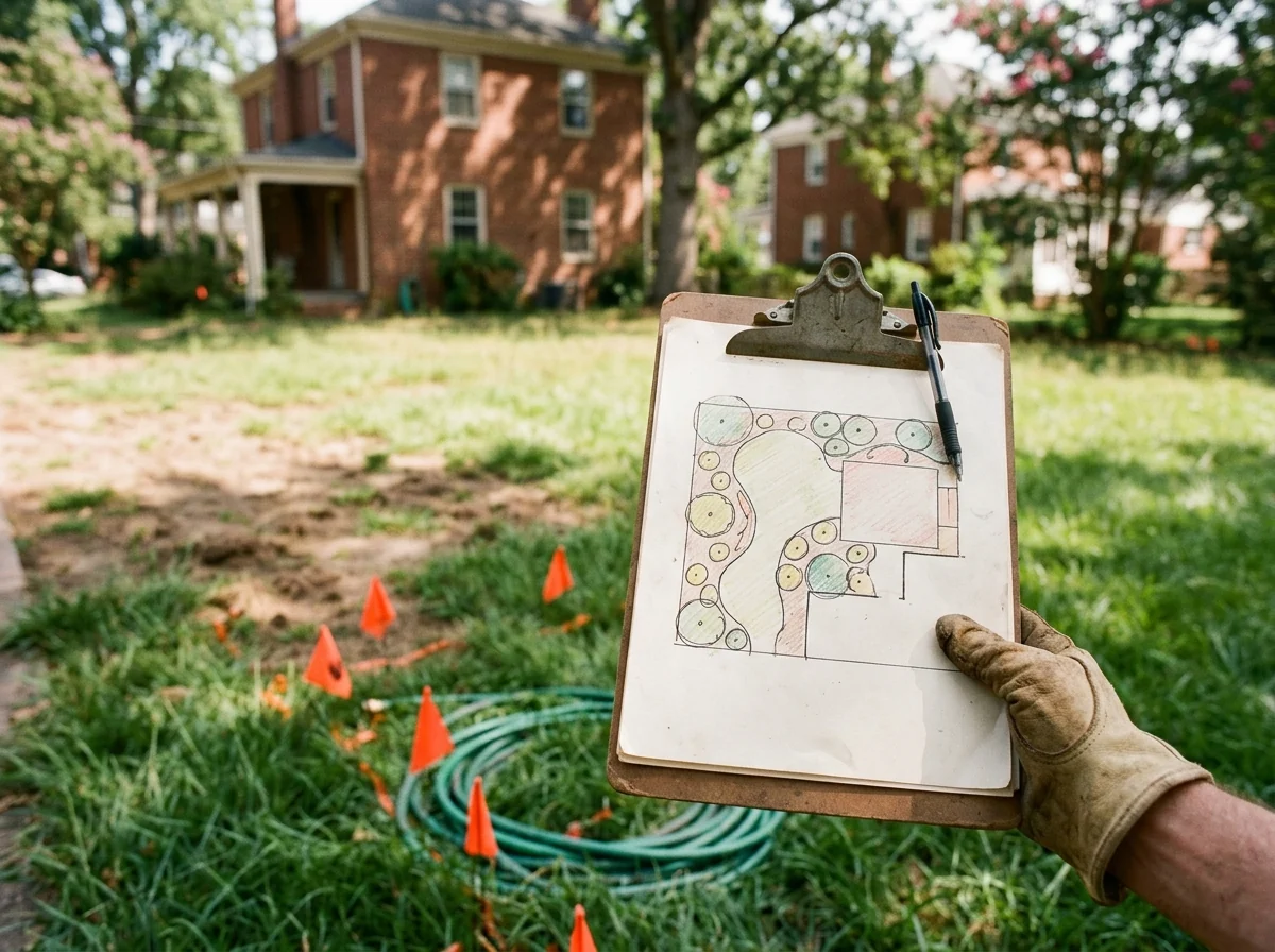 Gloved hand holding a clipboard with a hand-drawn planting plan in front of a bare yard marked with orange flags and a garden hose