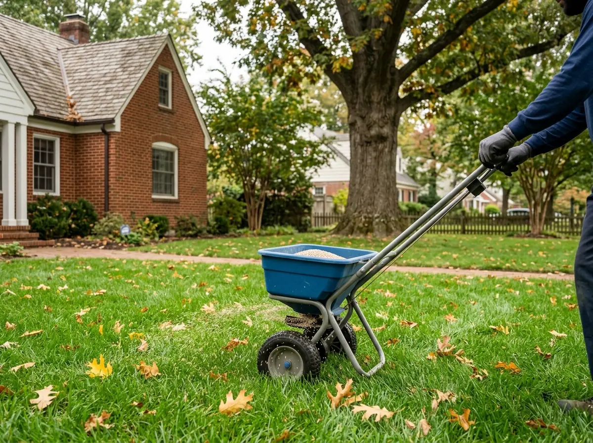 Gloved hand pushing a broadcast fertilizer spreader across a green fescue lawn in fall with a few yellow leaves on the grass