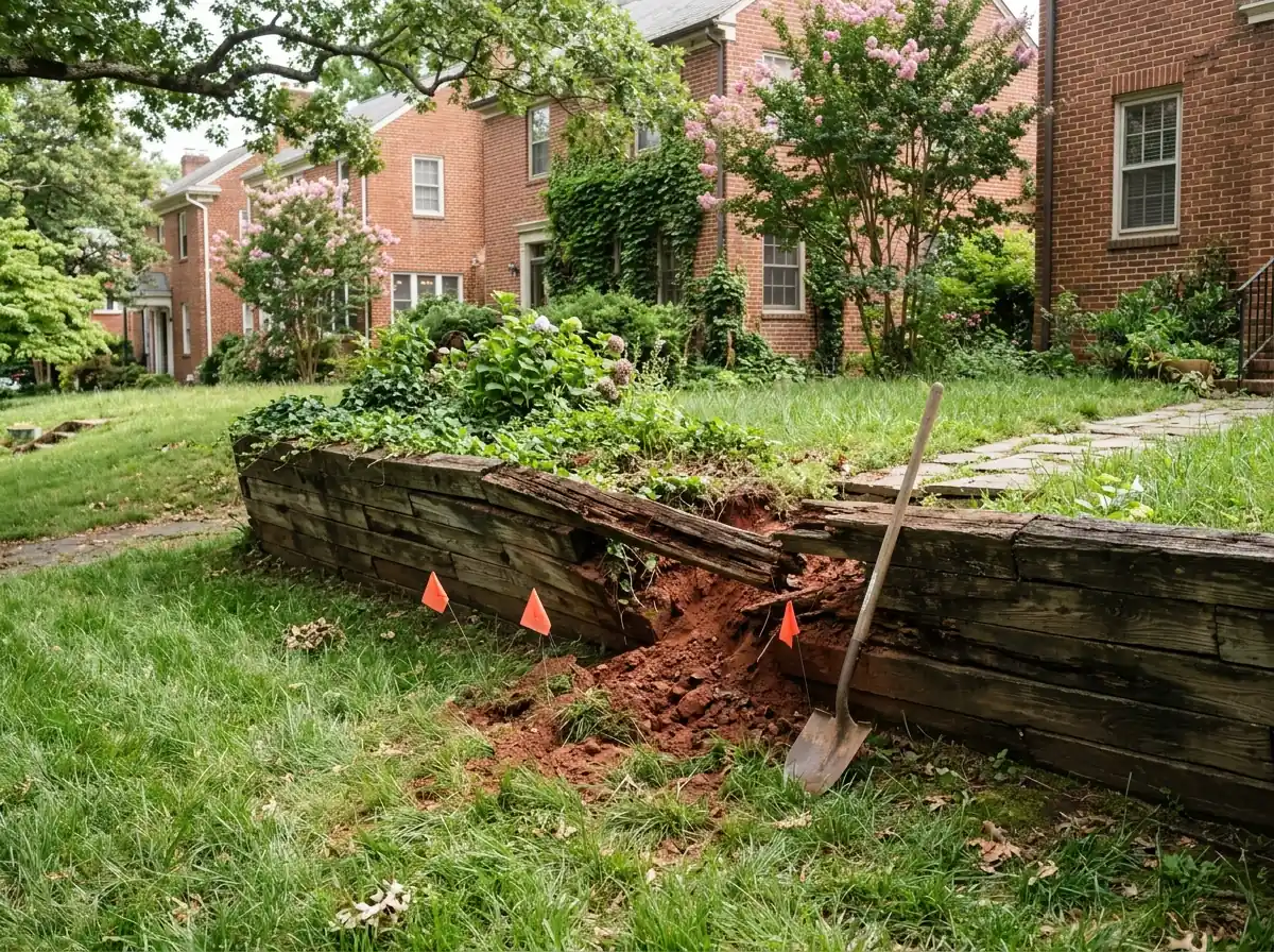 Old landscape timber retaining wall leaning forward and bowing in the middle, with soil spilling through a gap between rotted timbers