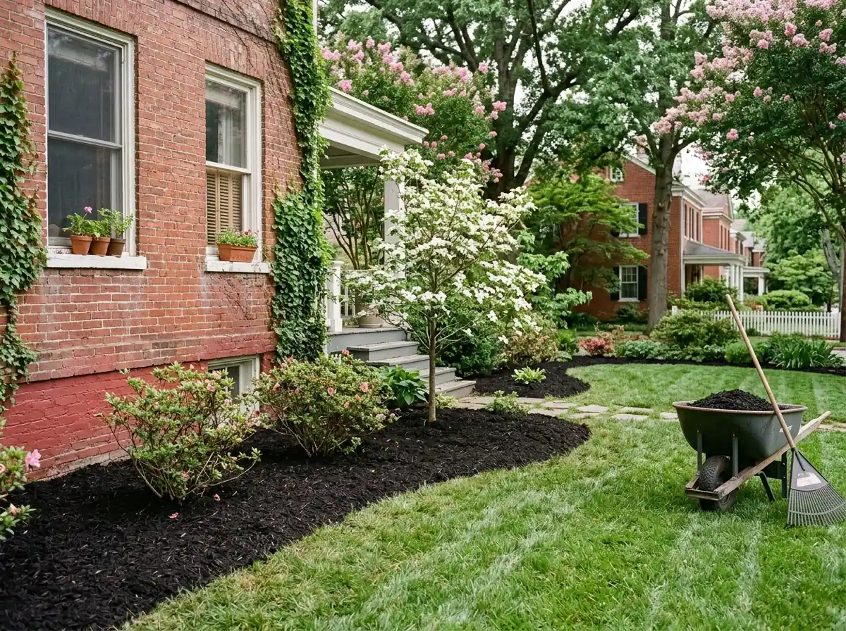 Freshly edged garden bed along a brick house covered in dark shredded hardwood mulch, pulled back from the base of azaleas and a small dogwood