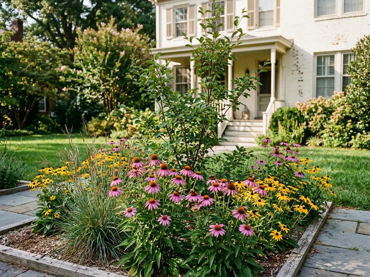 Native pollinator garden bed with purple coneflower, black-eyed Susan, little bluestem grass and a small serviceberry tree in late summer