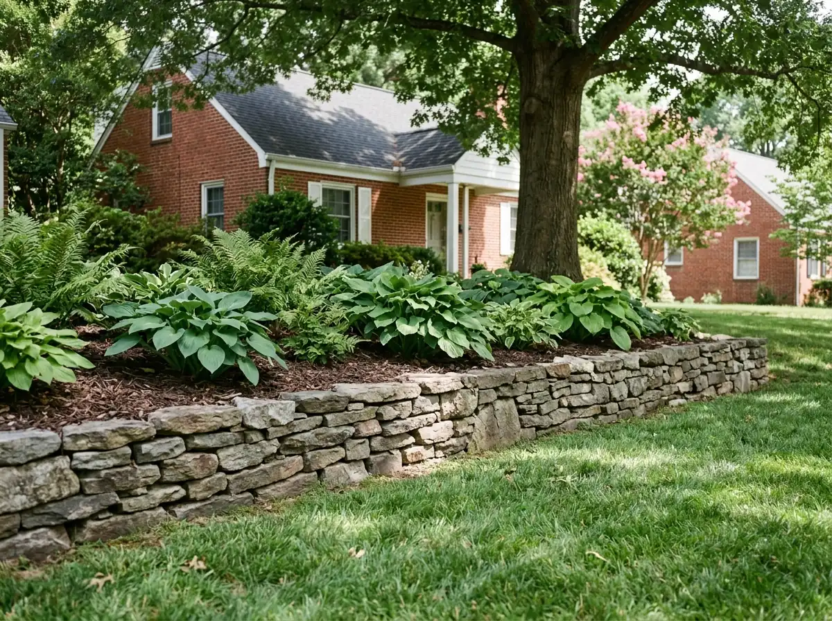Dry-laid fieldstone retaining wall about two feet high holding a mulched planting bed with hostas and ferns above a lawn