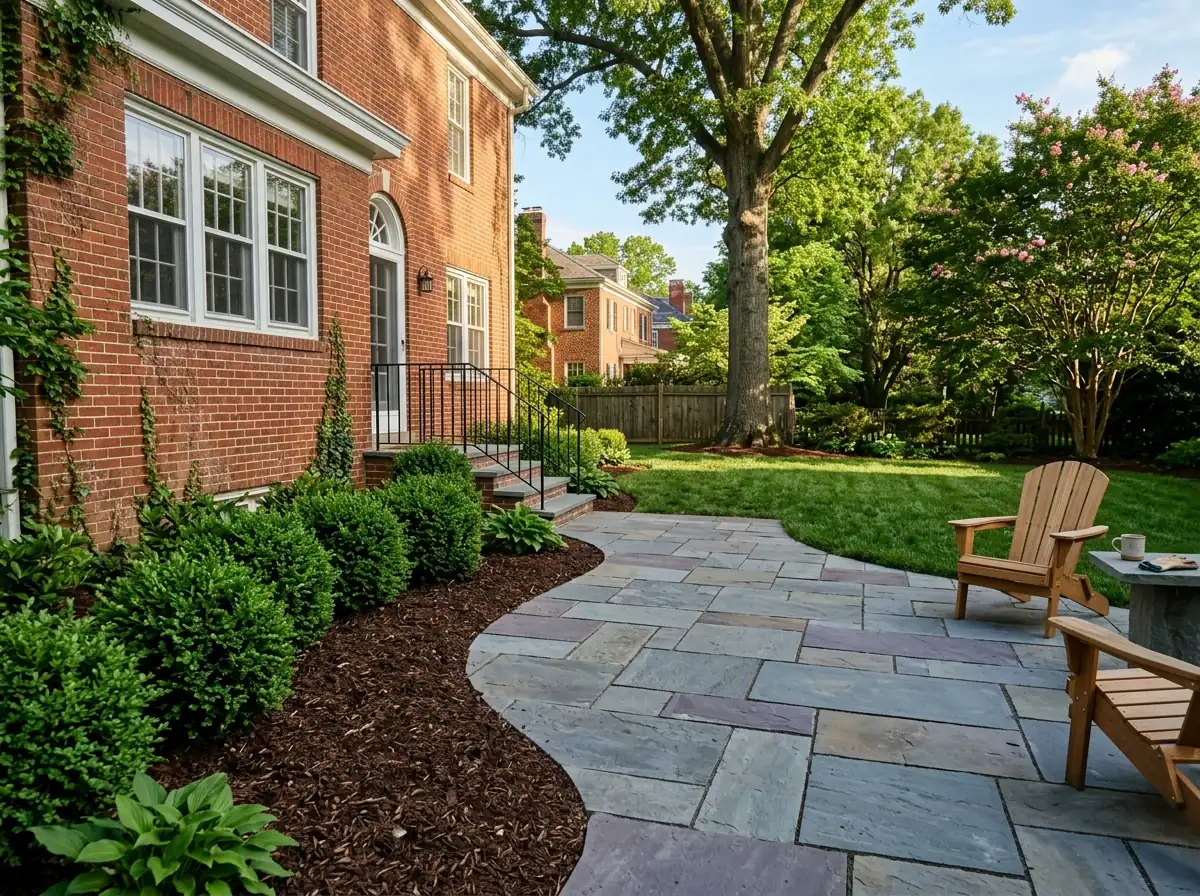 Irregular Pennsylvania bluestone flagstone patio with tight joints, set beside a brick house with boxwoods and a mulched bed