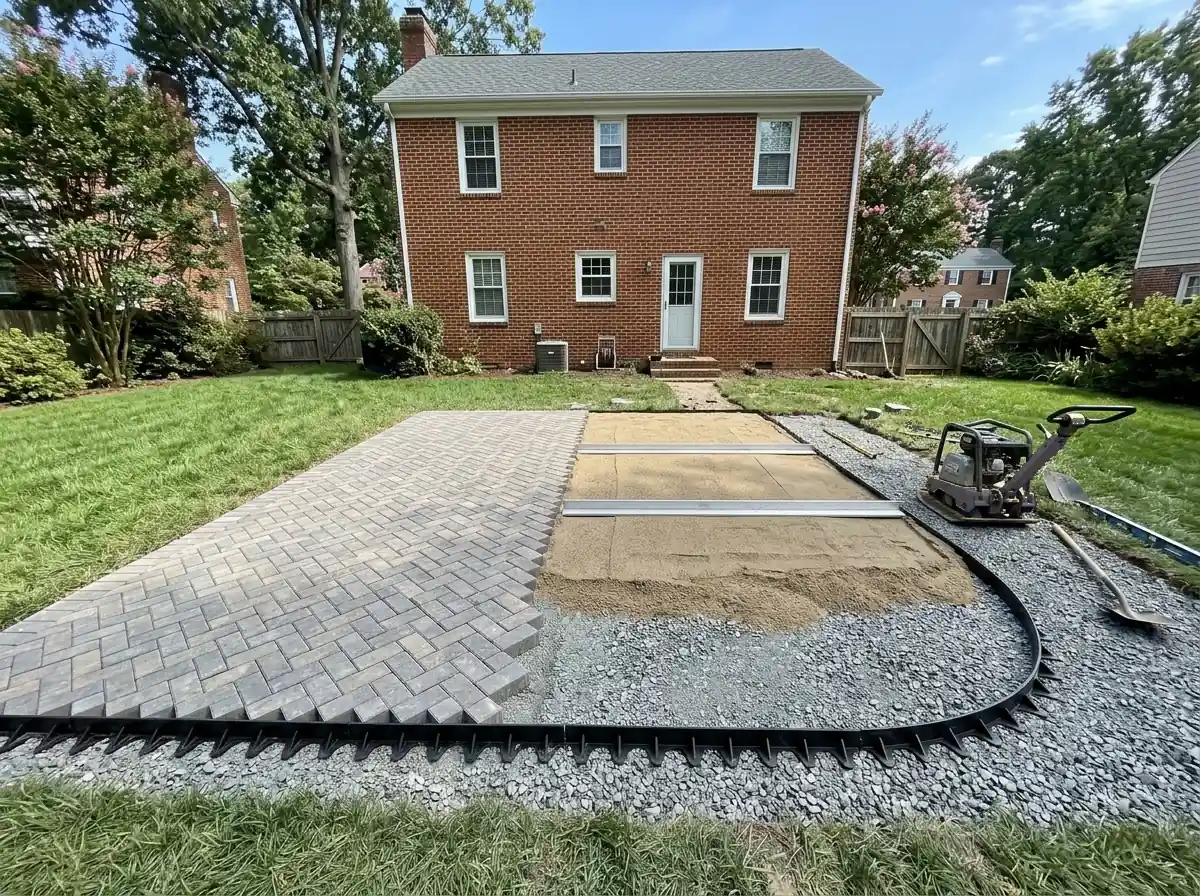 Paver patio half finished in herringbone concrete pavers, the other half showing a compacted gravel base, bedding sand and screed rails behind a black edge restraint