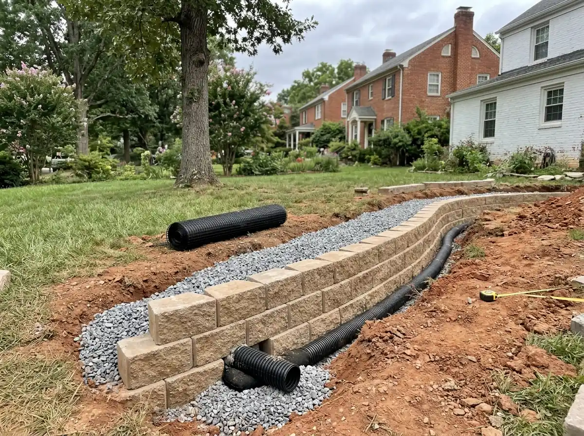 Segmental concrete block retaining wall under construction with gravel backfill, a corrugated drain pipe at the base and a roll of geogrid on the slope