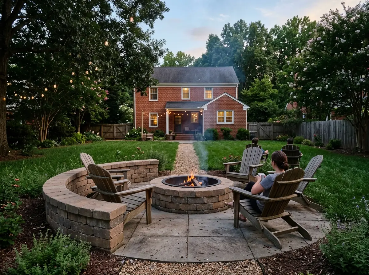 Round stone block fire pit with a steel insert on a paver patio, surrounded by a curved seat wall and Adirondack chairs at dusk