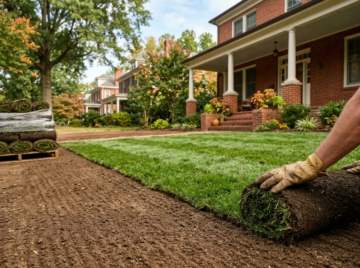 Gloved hands unrolling fresh tall fescue sod over raked, level soil in a front yard with a brick porch behind