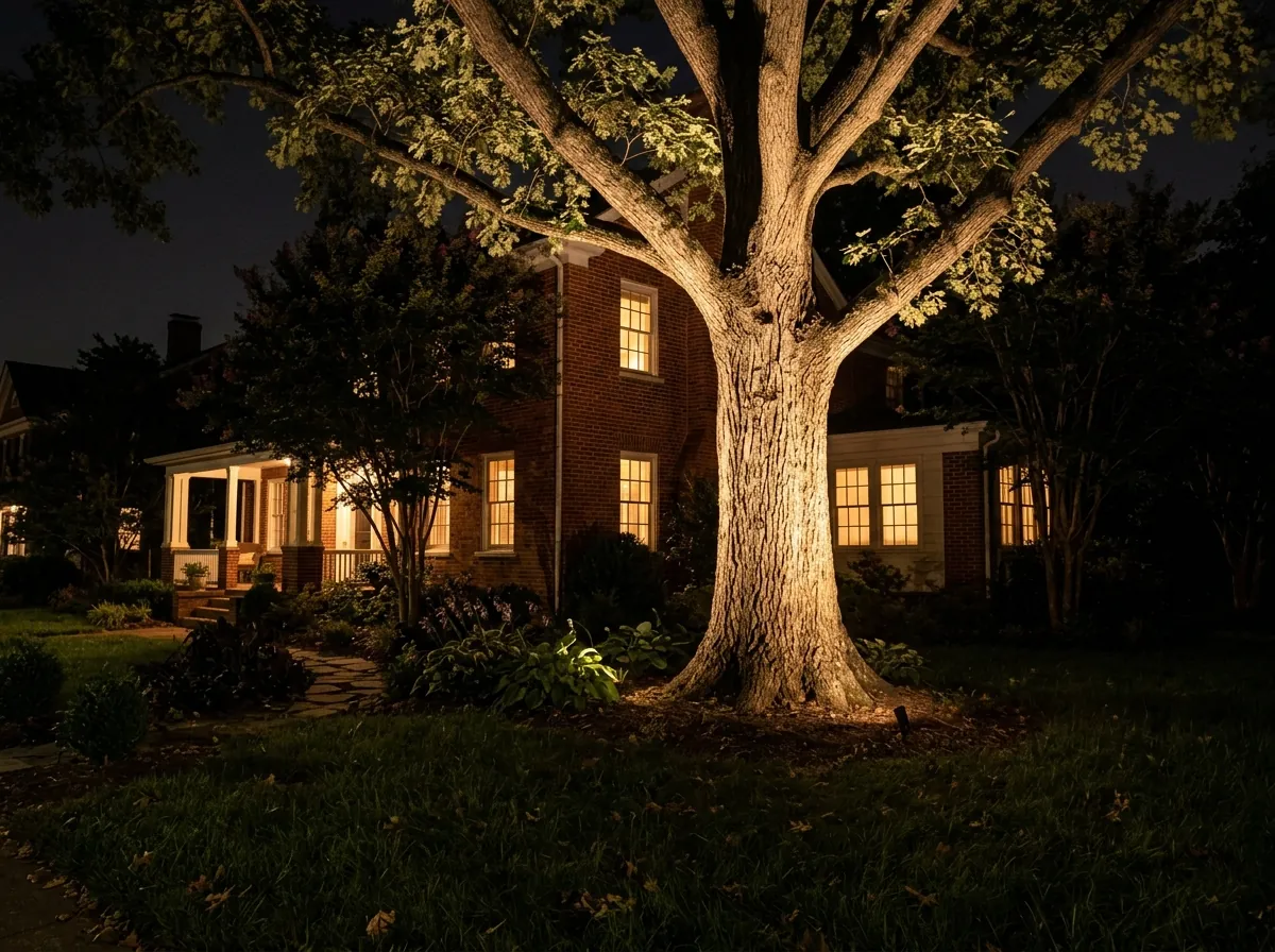 Warm uplight grazing the trunk and canopy of a large oak in a front yard at night, with a red-brick house softly lit behind